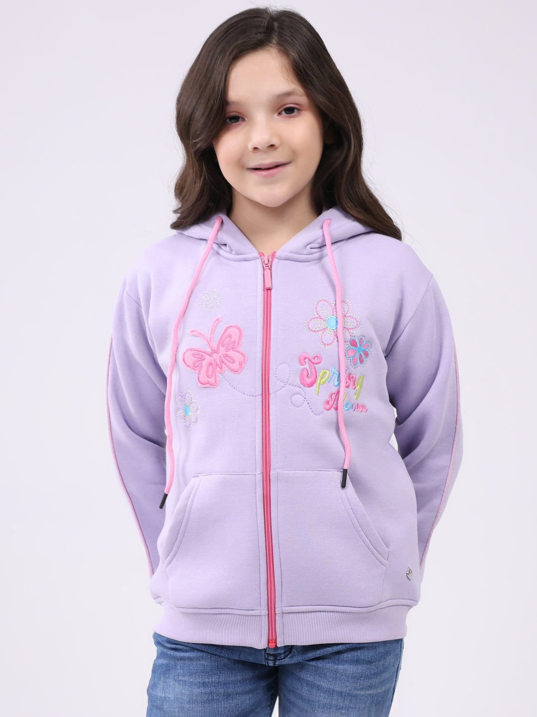 Girls Purple Self Design Hooded Full Sleeve Sweatshirt