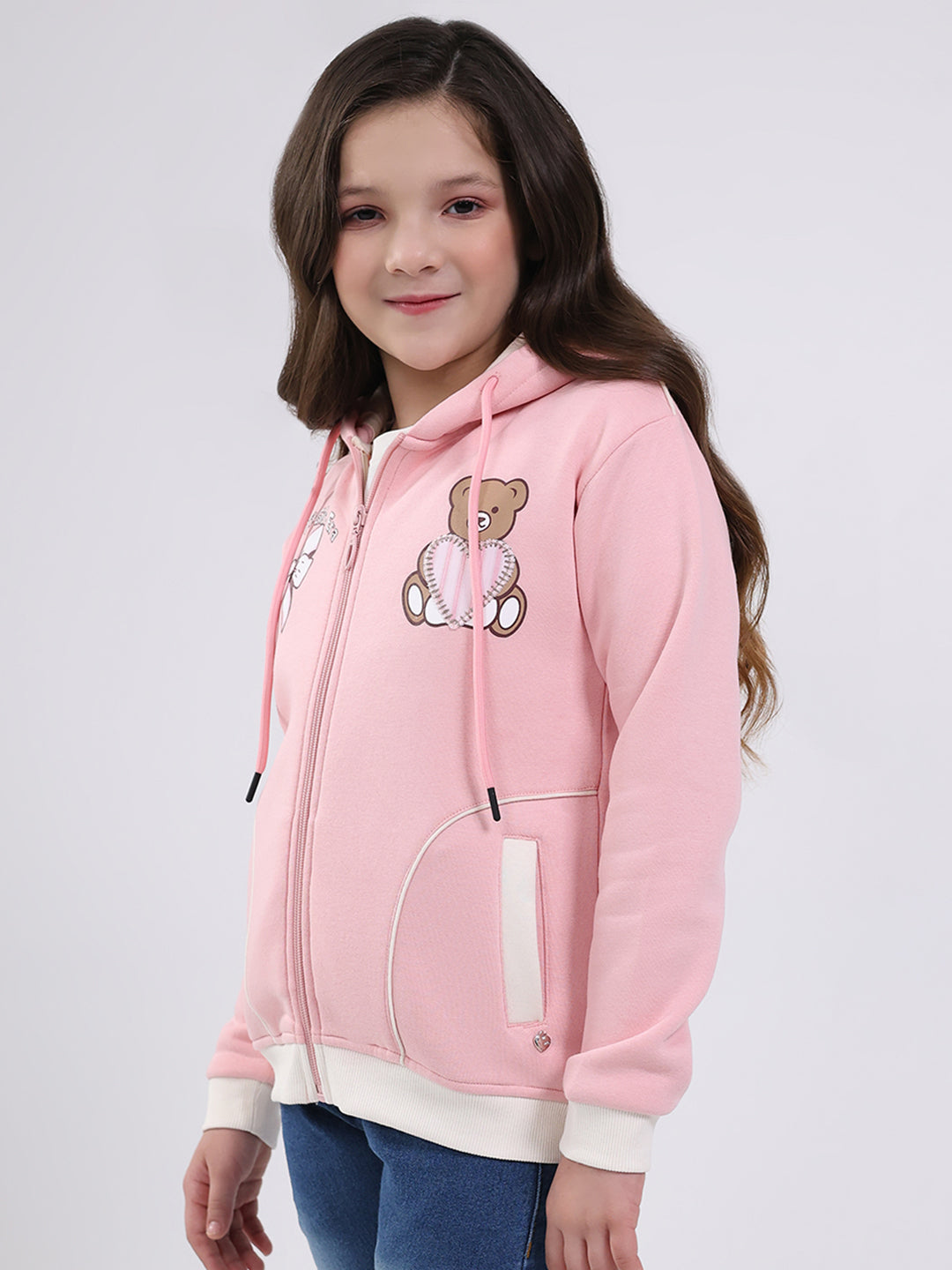 Girls Peach Printed Hooded Full Sleeve Sweatshirt
