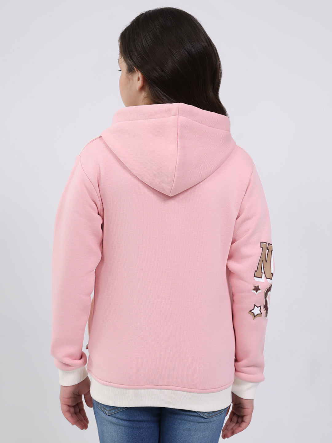 Girls Peach Printed Hooded Full Sleeve Sweatshirt