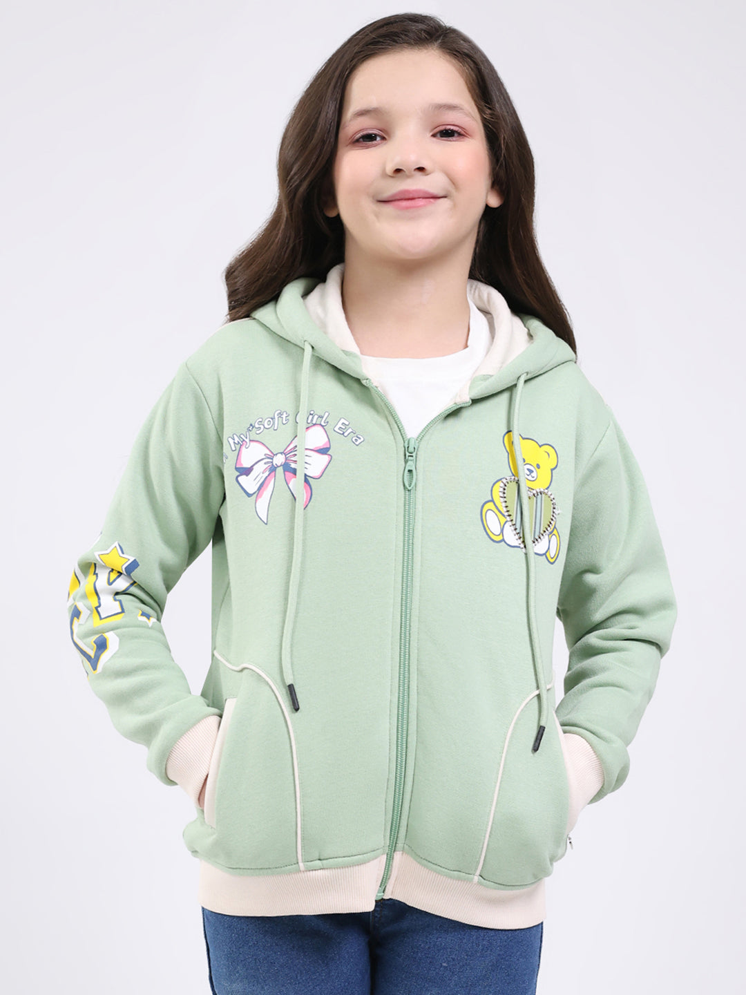 Girls Green Printed Hooded Full Sleeve Sweatshirt