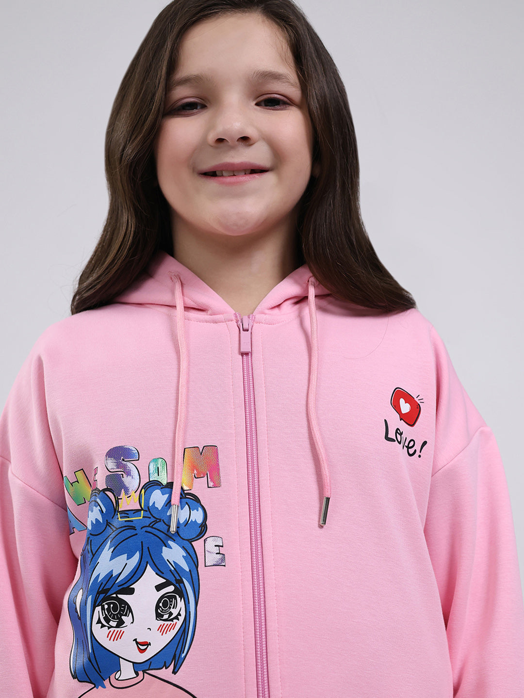 Girls Pink Printed Hooded Full Sleeve Sweatshirt