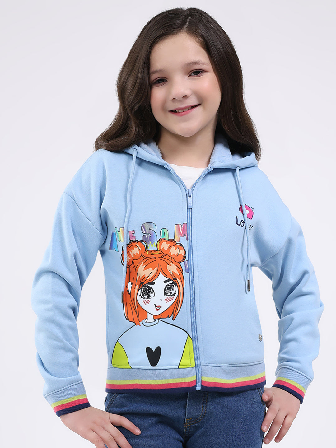 Girls Sky Blue Printed Hooded Full Sleeve Sweatshirt