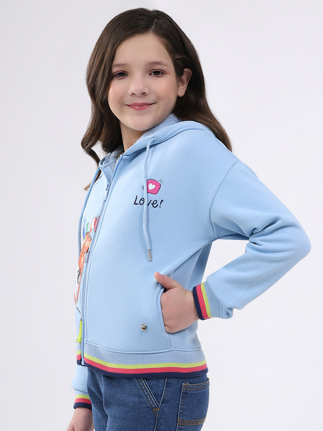 Girls Sky Blue Printed Hooded Full Sleeve Sweatshirt