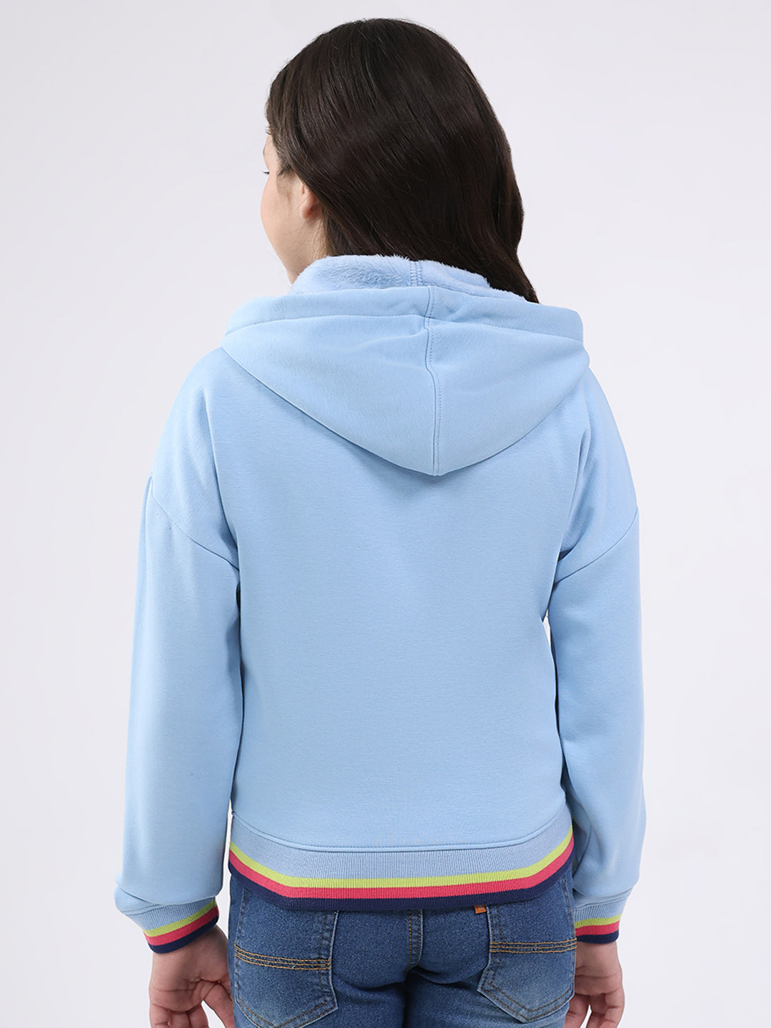 Girls Sky Blue Printed Hooded Full Sleeve Sweatshirt