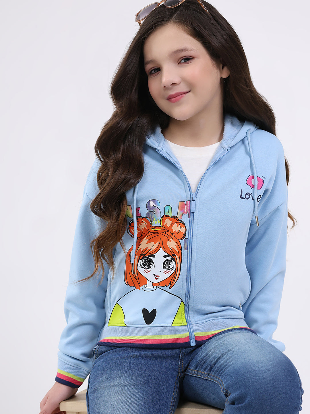 Girls Sky Blue Printed Hooded Full Sleeve Sweatshirt
