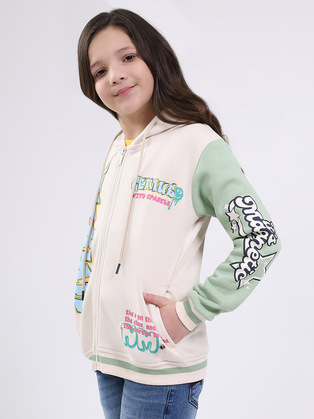 Girls Cream Printed Hooded Full Sleeve Sweatshirt