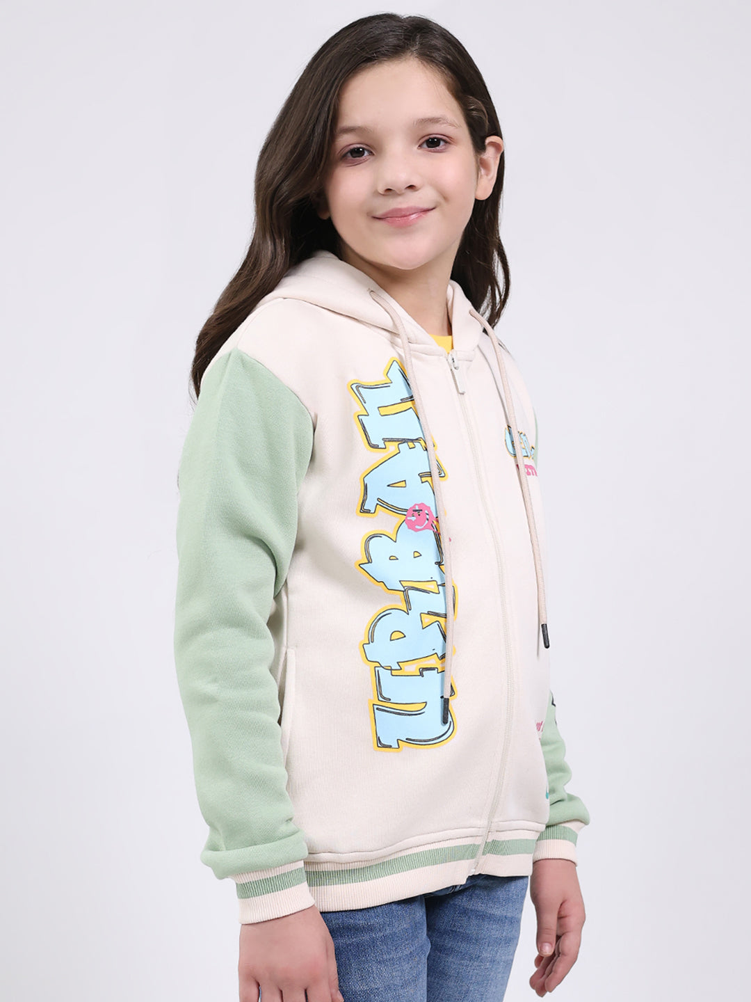 Girls Cream Printed Hooded Full Sleeve Sweatshirt