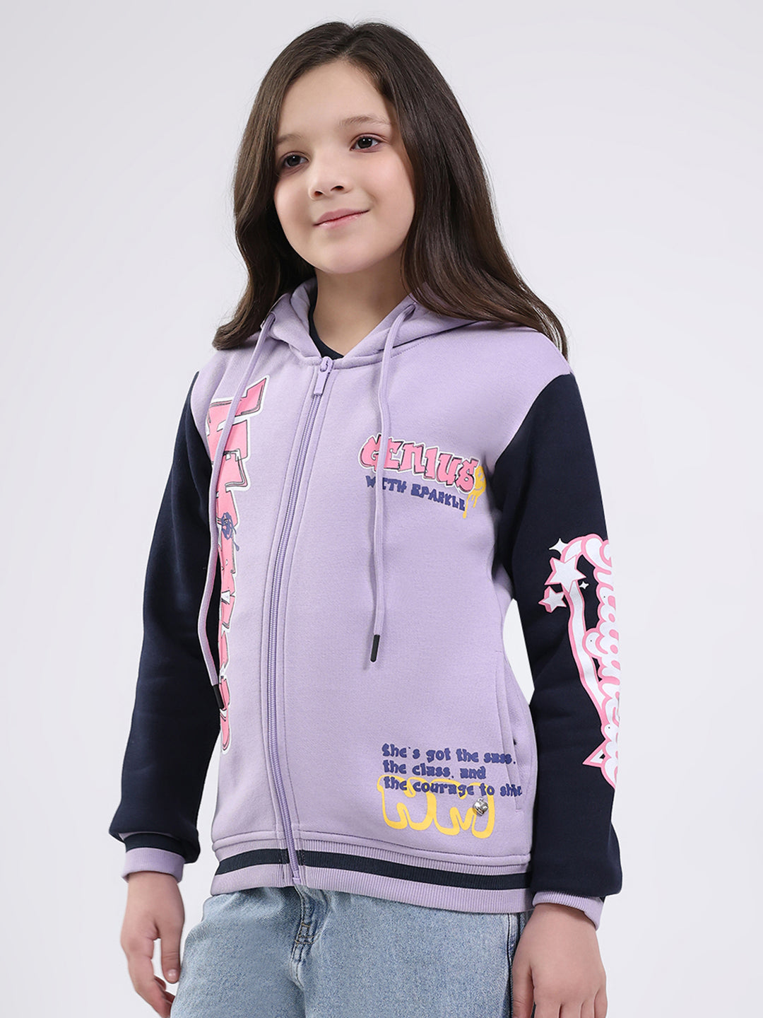 Girls Purple Printed Hooded Full Sleeve Sweatshirt