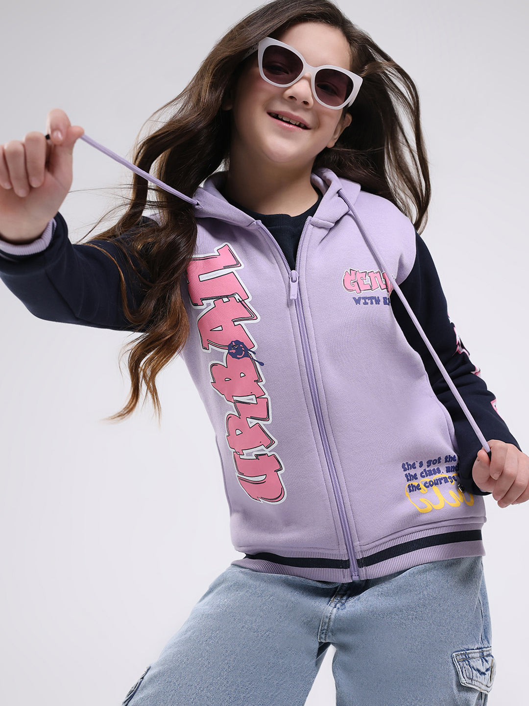 Girls Purple Printed Hooded Full Sleeve Sweatshirt