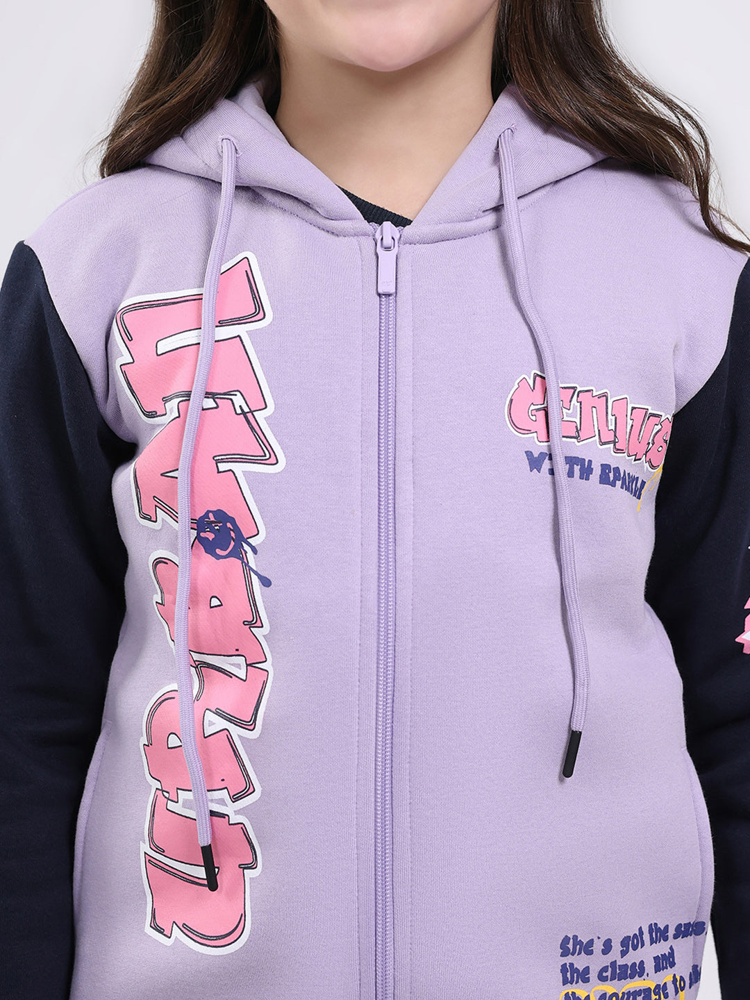 Girls Purple Printed Hooded Full Sleeve Sweatshirt