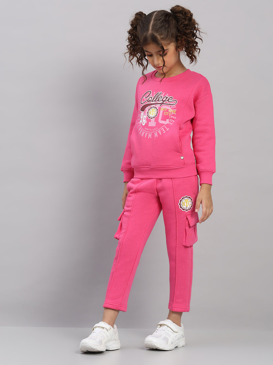 Girls Magenta Printed Round Neck Full Sleeve Tracksuit
