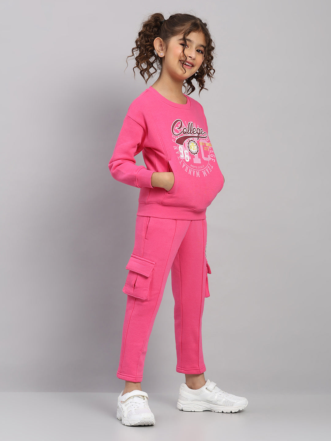 Girls Magenta Printed Round Neck Full Sleeve Tracksuit