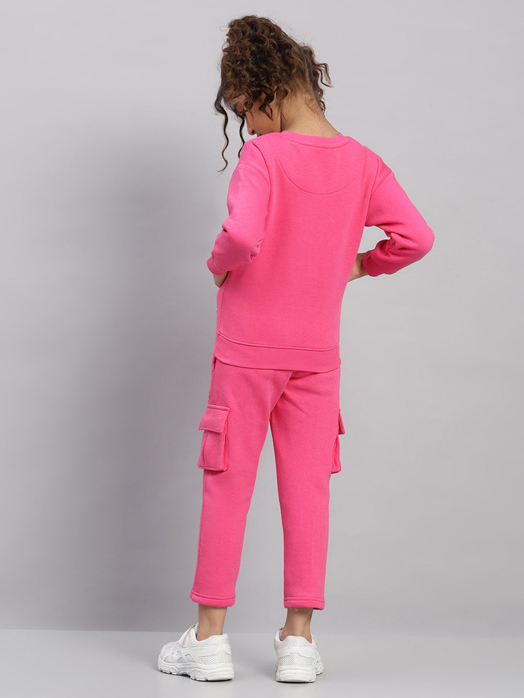 Girls Magenta Printed Round Neck Full Sleeve Tracksuit