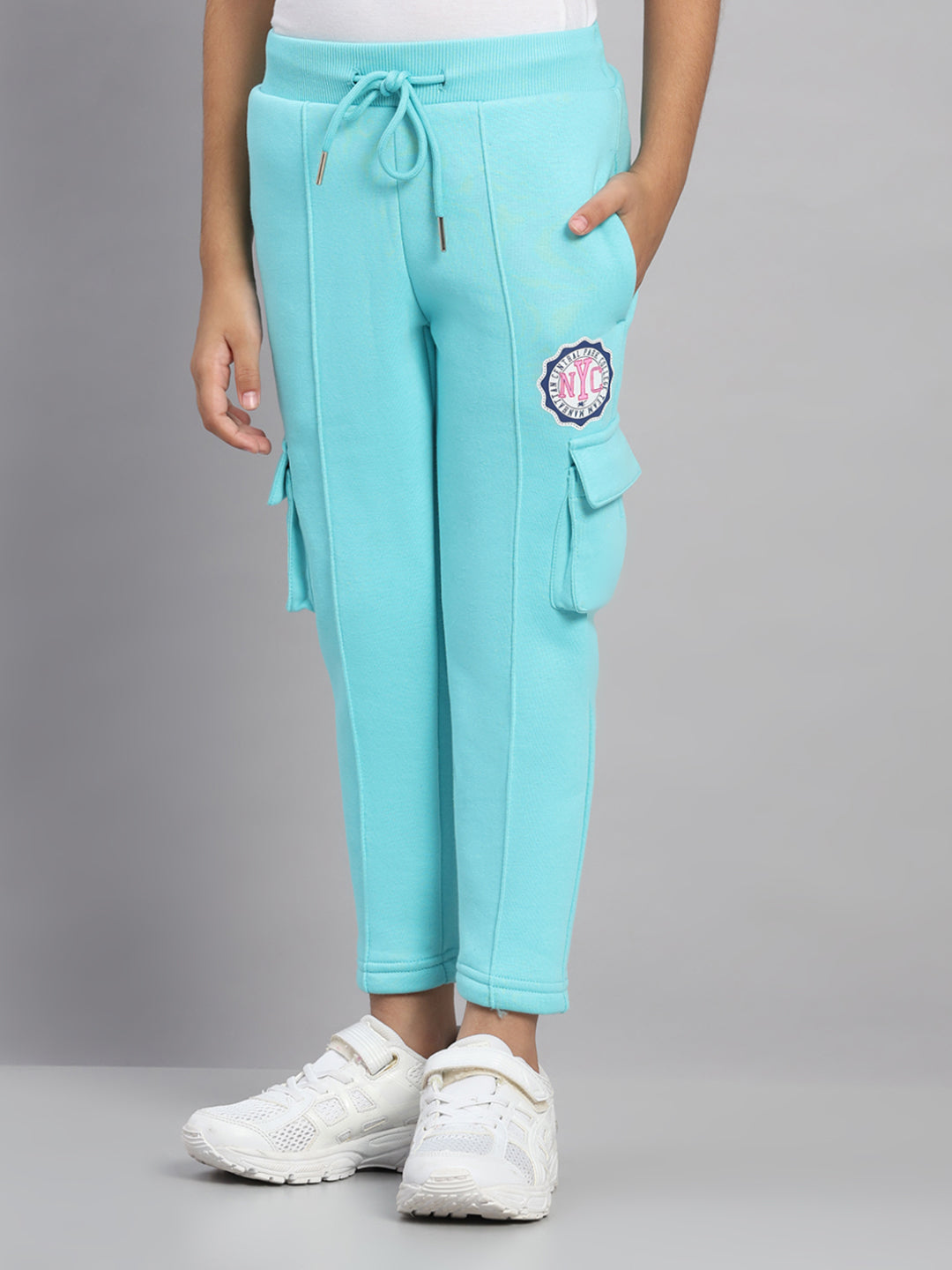 Girls Blue Printed Round Neck Full Sleeve Tracksuit