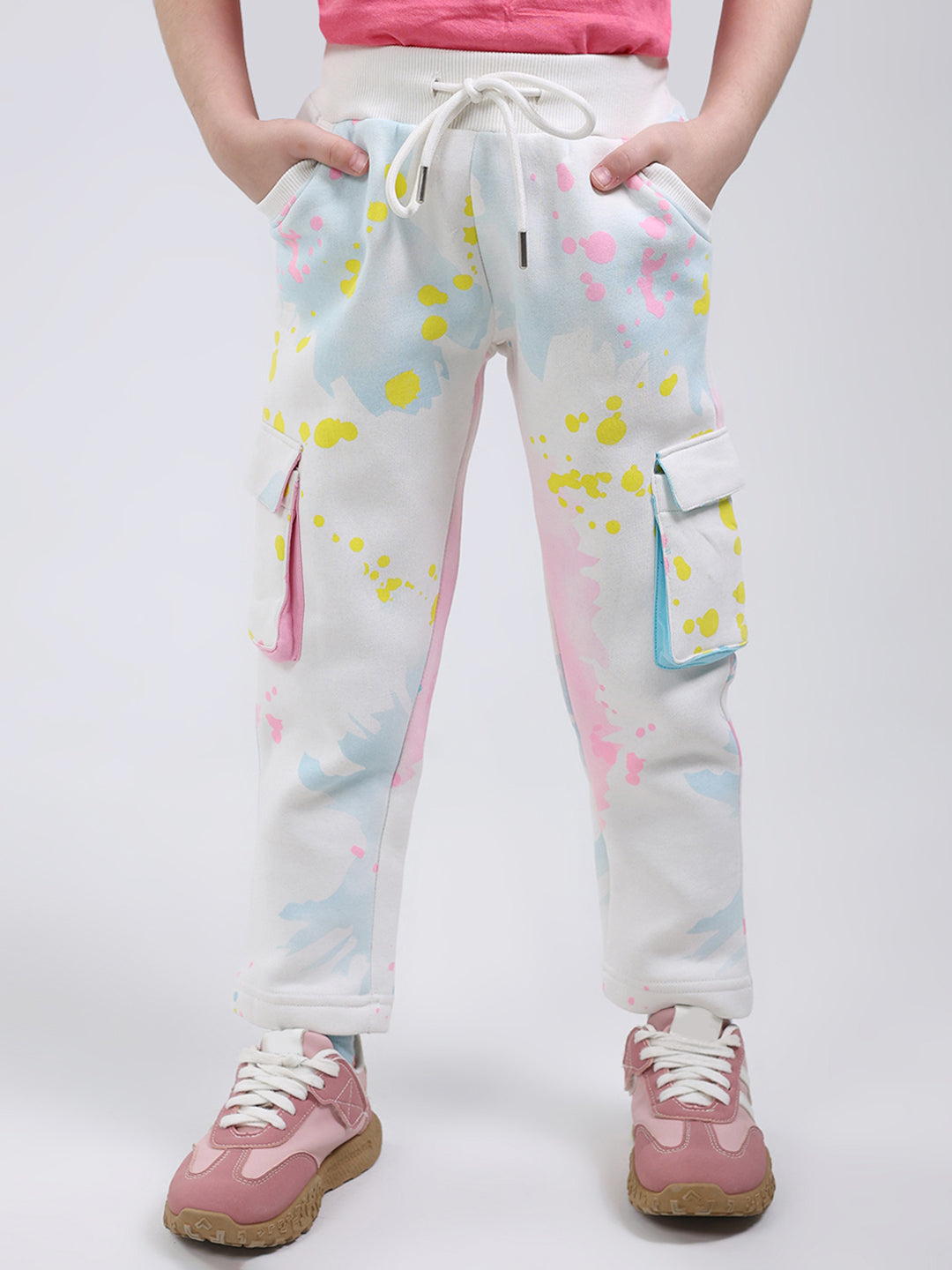 Girls Off White Printed Round Neck Full Sleeve Tracksuit
