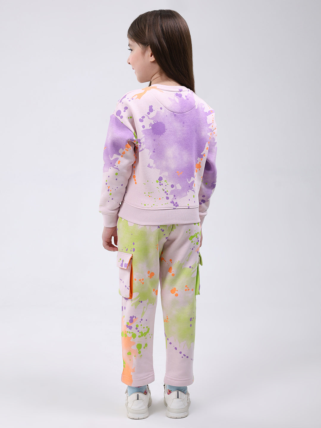 Girls Pink Printed Round Neck Full Sleeve Tracksuit