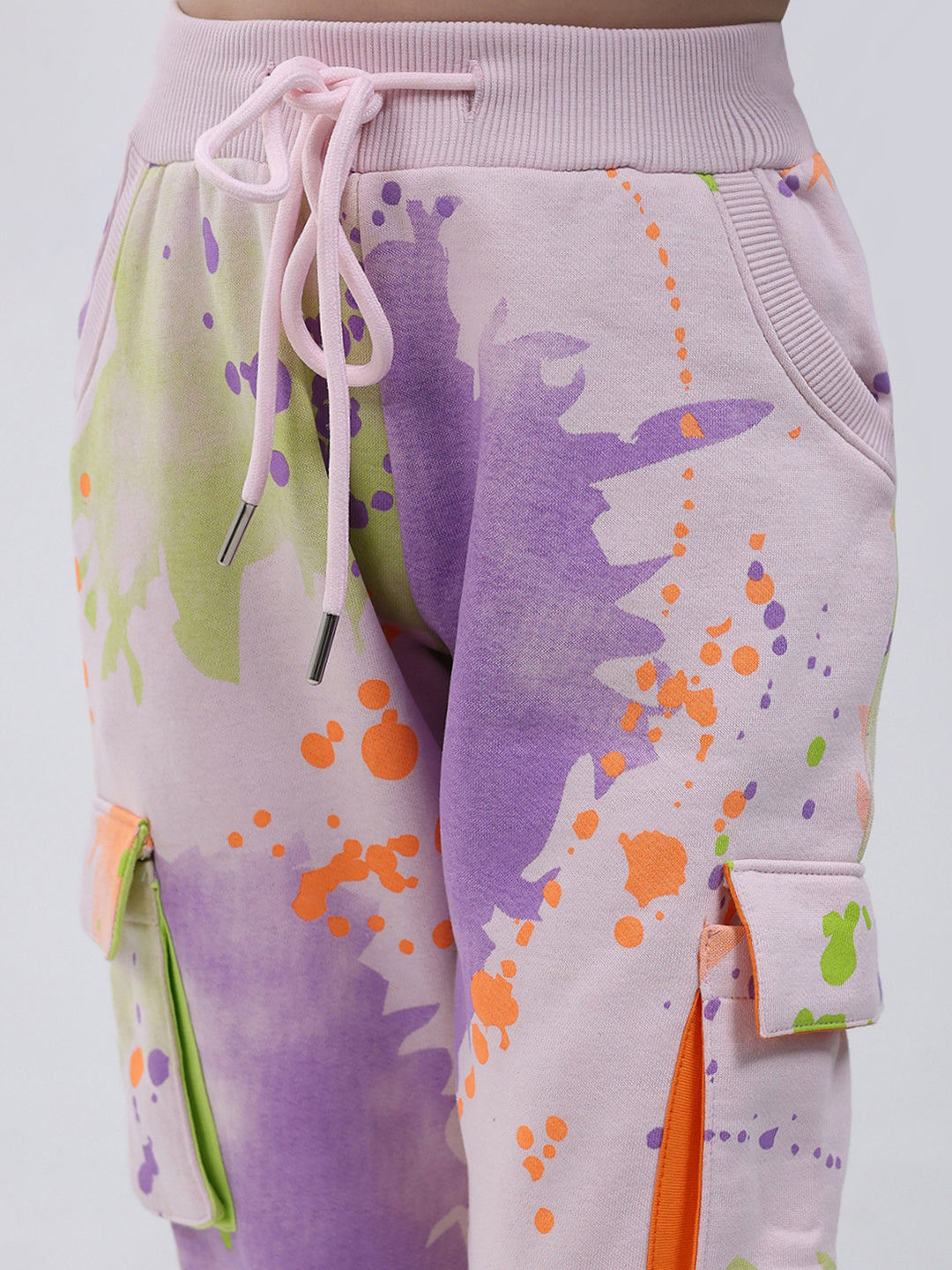 Girls Pink Printed Round Neck Full Sleeve Tracksuit