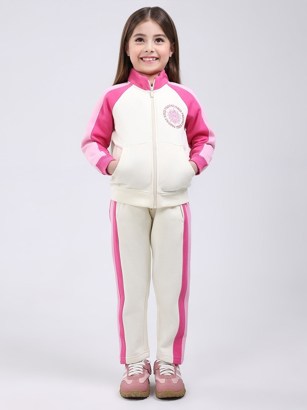 Girls Cream Printed Mock Neck Full Sleeve Tracksuit