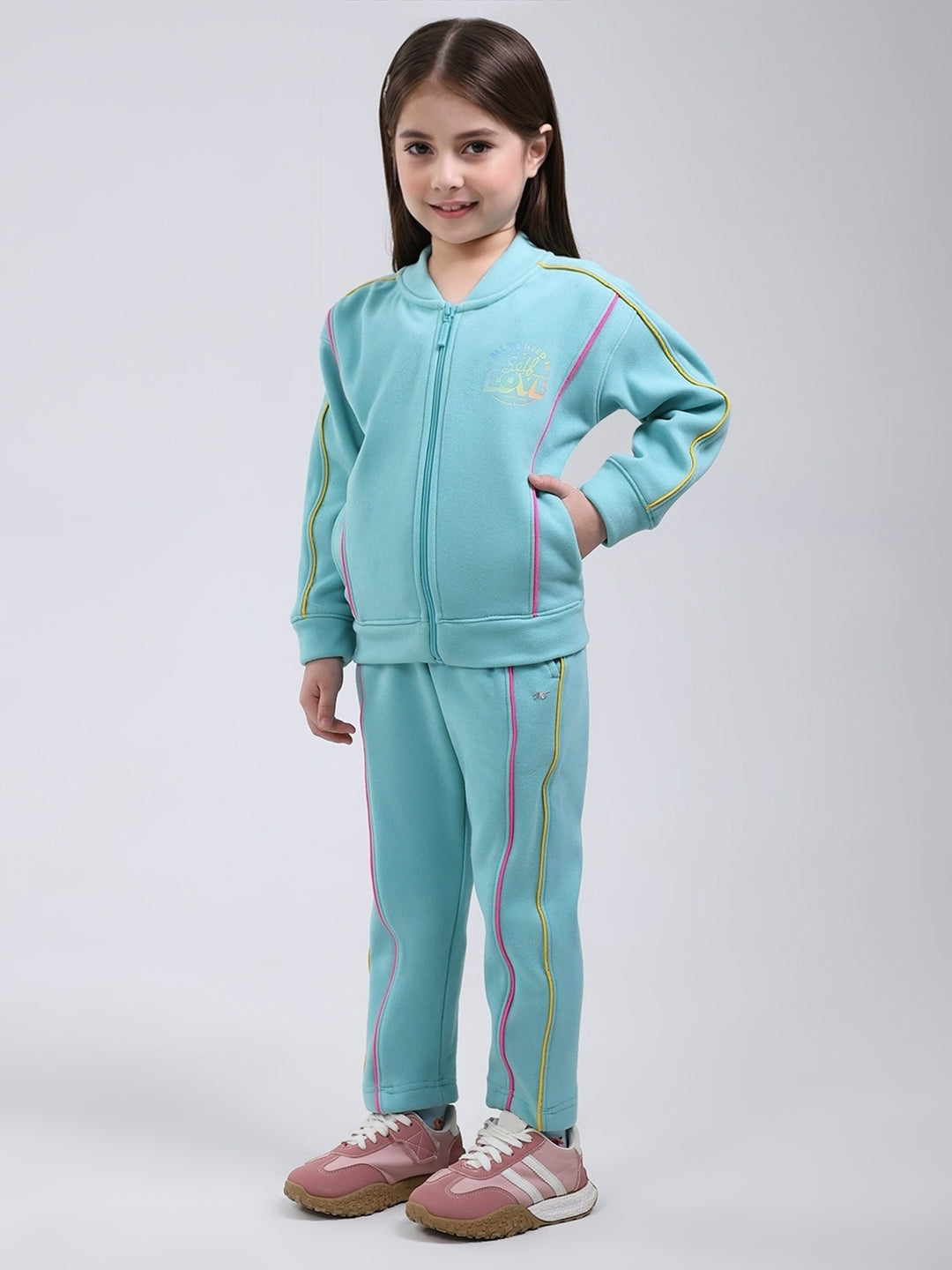 Girls Blue Printed Mock Neck Full Sleeve Tracksuit