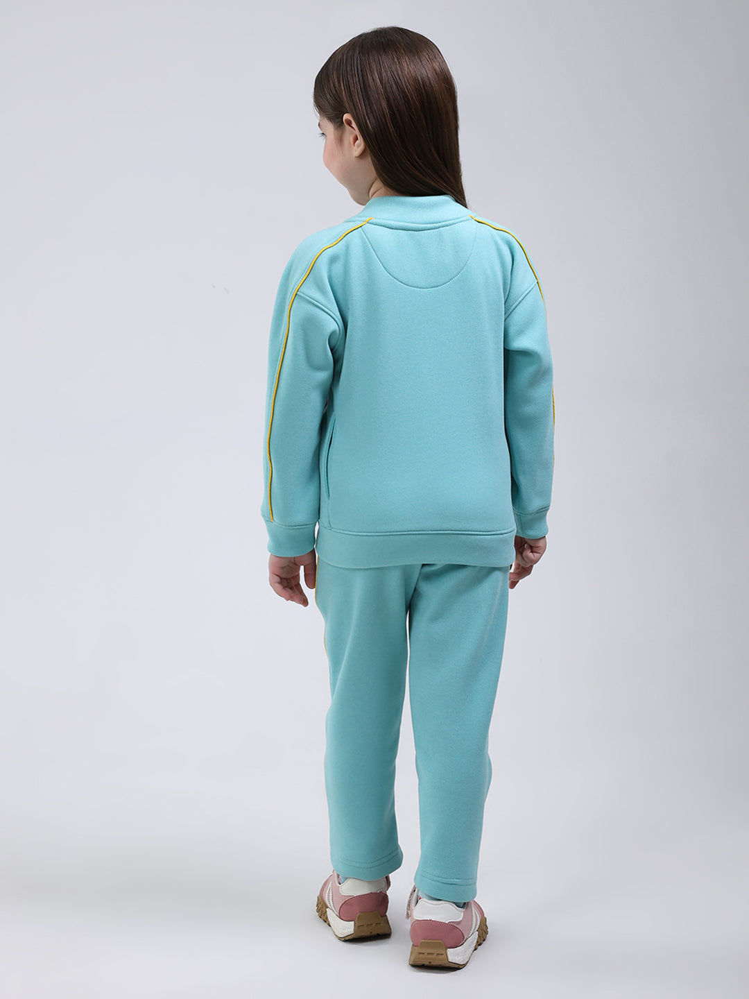 Girls Blue Printed Mock Neck Full Sleeve Tracksuit