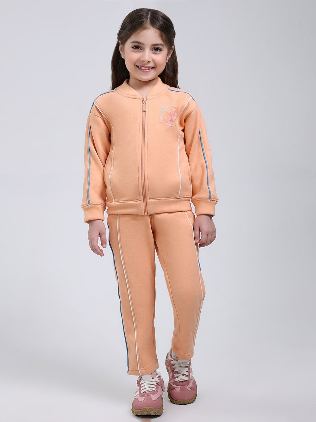 Girls Peach Printed Mock Neck Full Sleeve Tracksuit