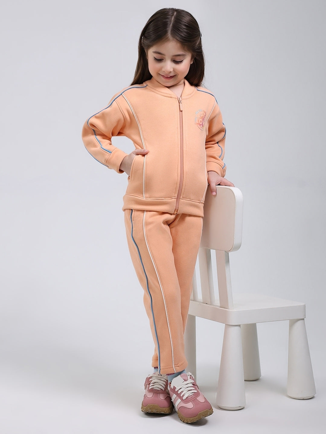 Girls Peach Printed Mock Neck Full Sleeve Tracksuit
