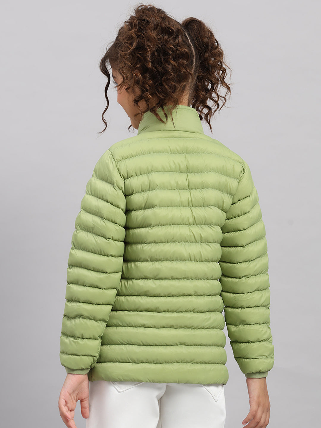 Girls Green Solid Collar Full Sleeve Jacket