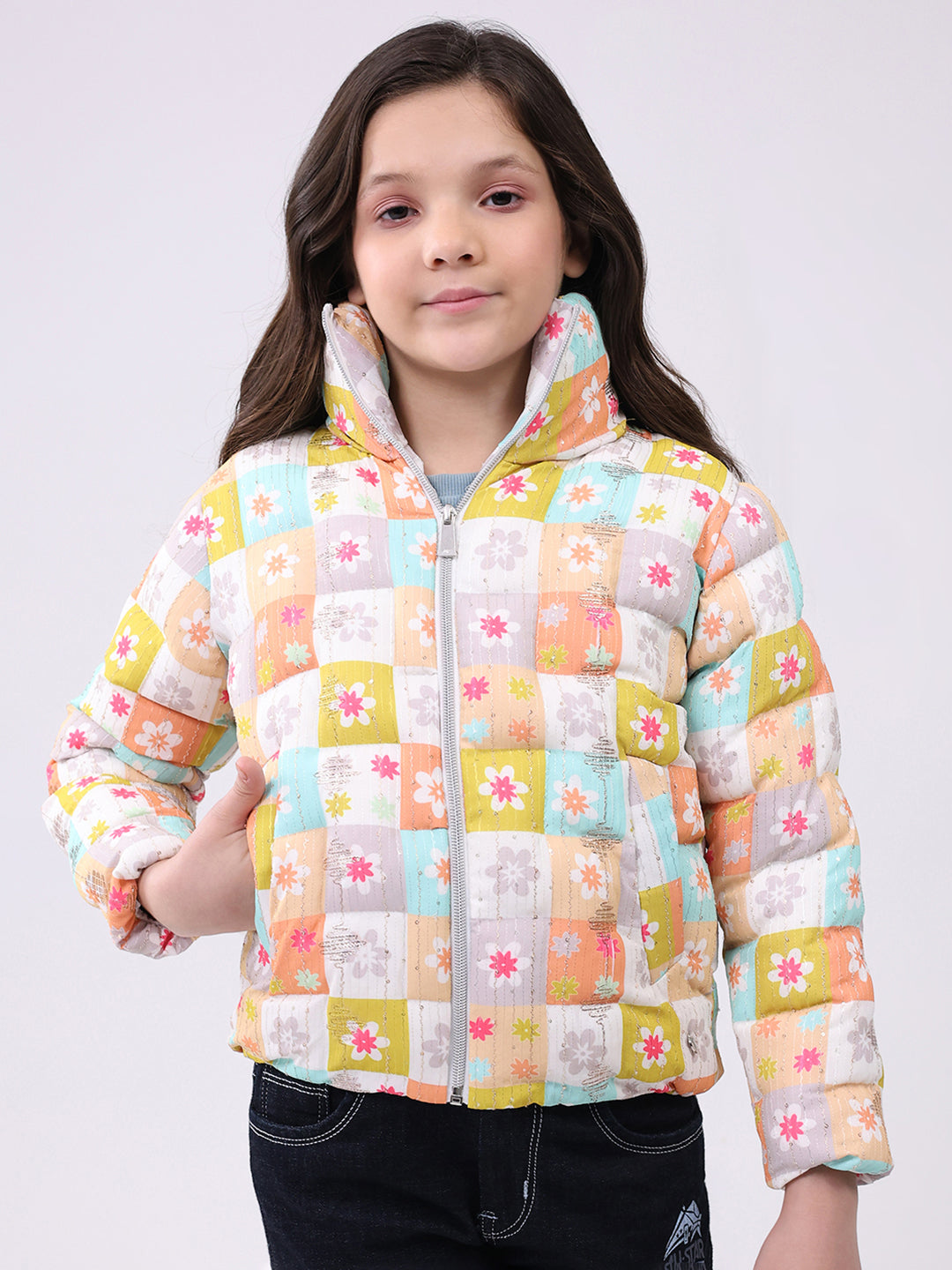 Girls Peach Printed Collar Full Sleeve Jacket