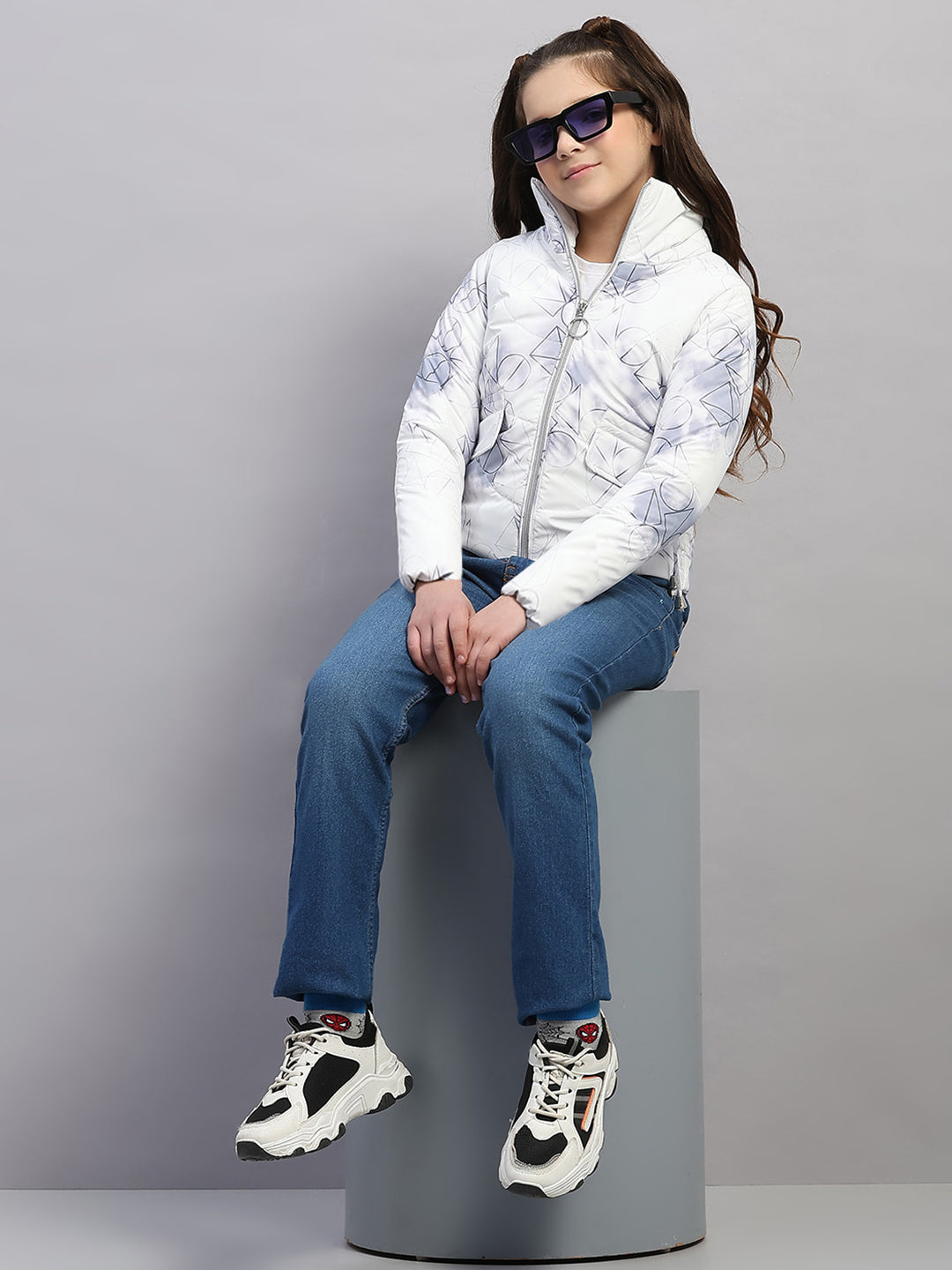 Girls Purple Printed Collar Full Sleeve Jacket