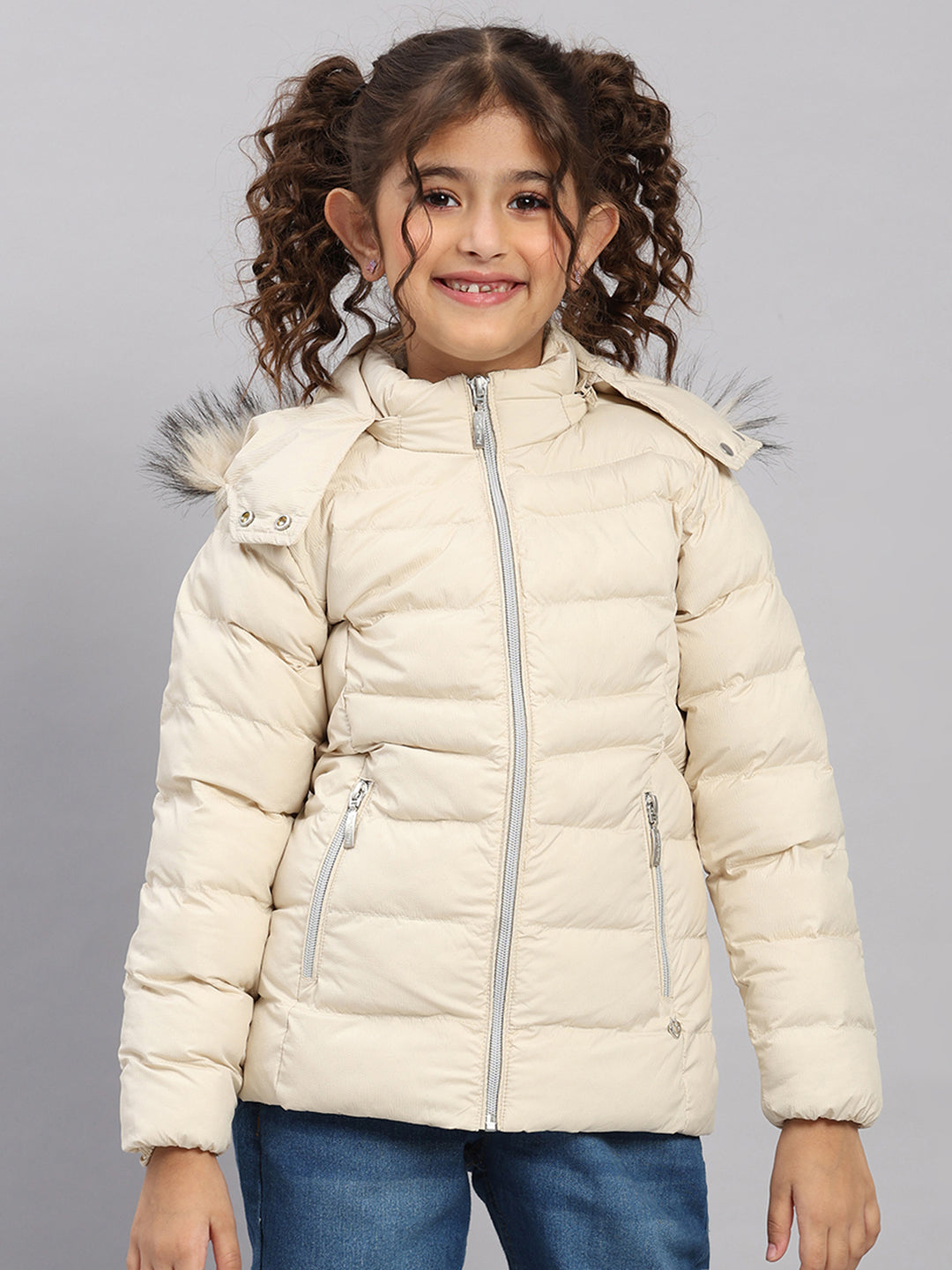 Girls Beige Self Design Hooded Full Sleeve Jacket