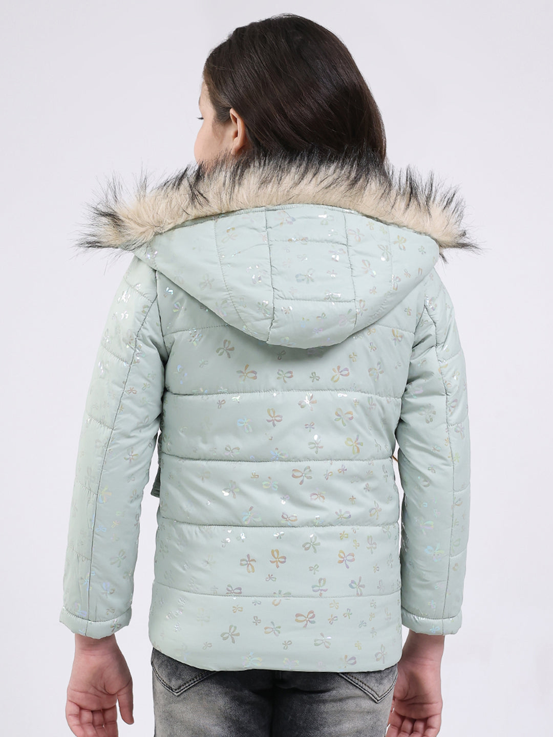 Girls Green Printed Hooded Full Sleeve Jacket