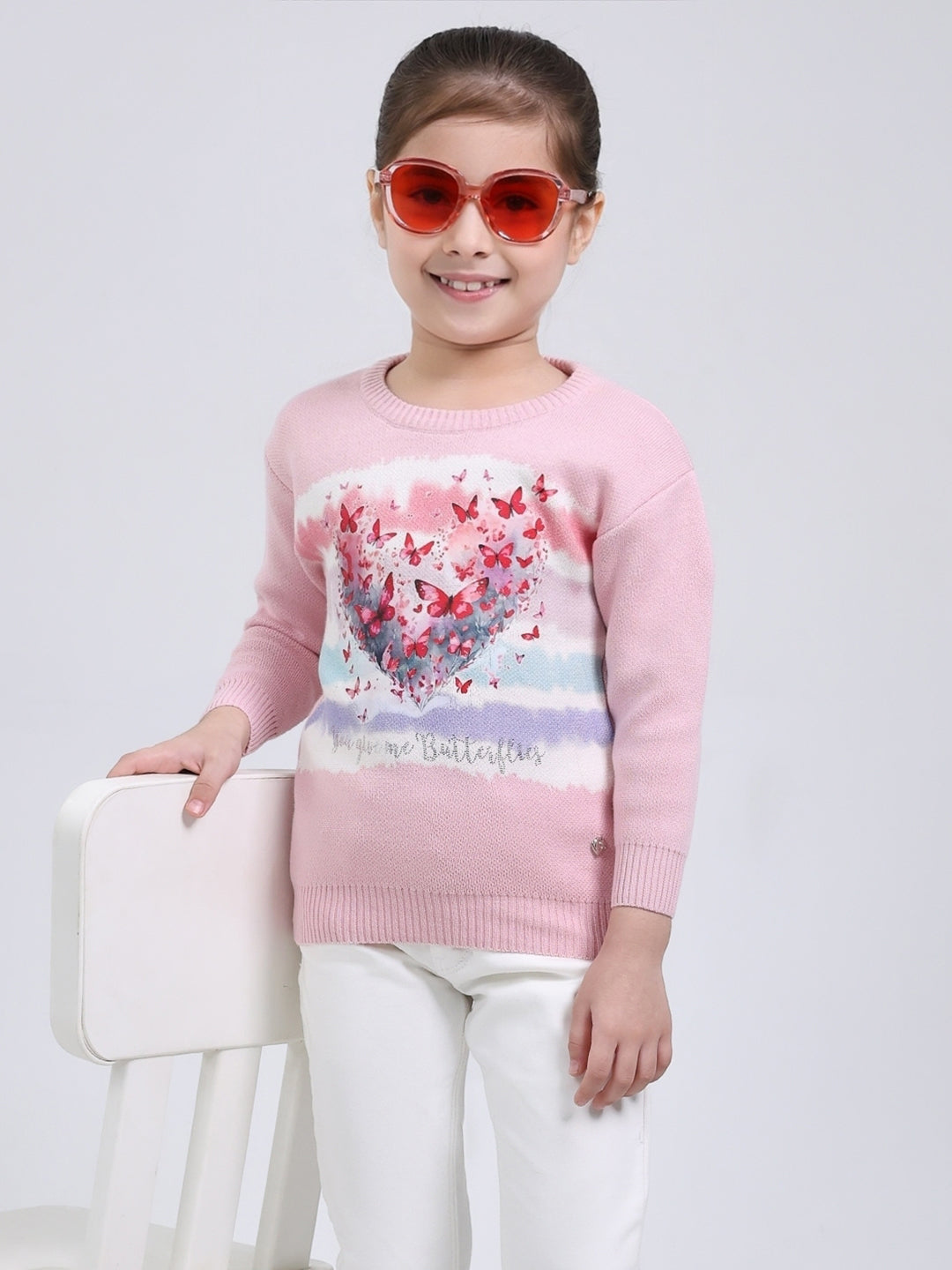 Girls Pink Printed Round Neck Full Sleeve Pullover