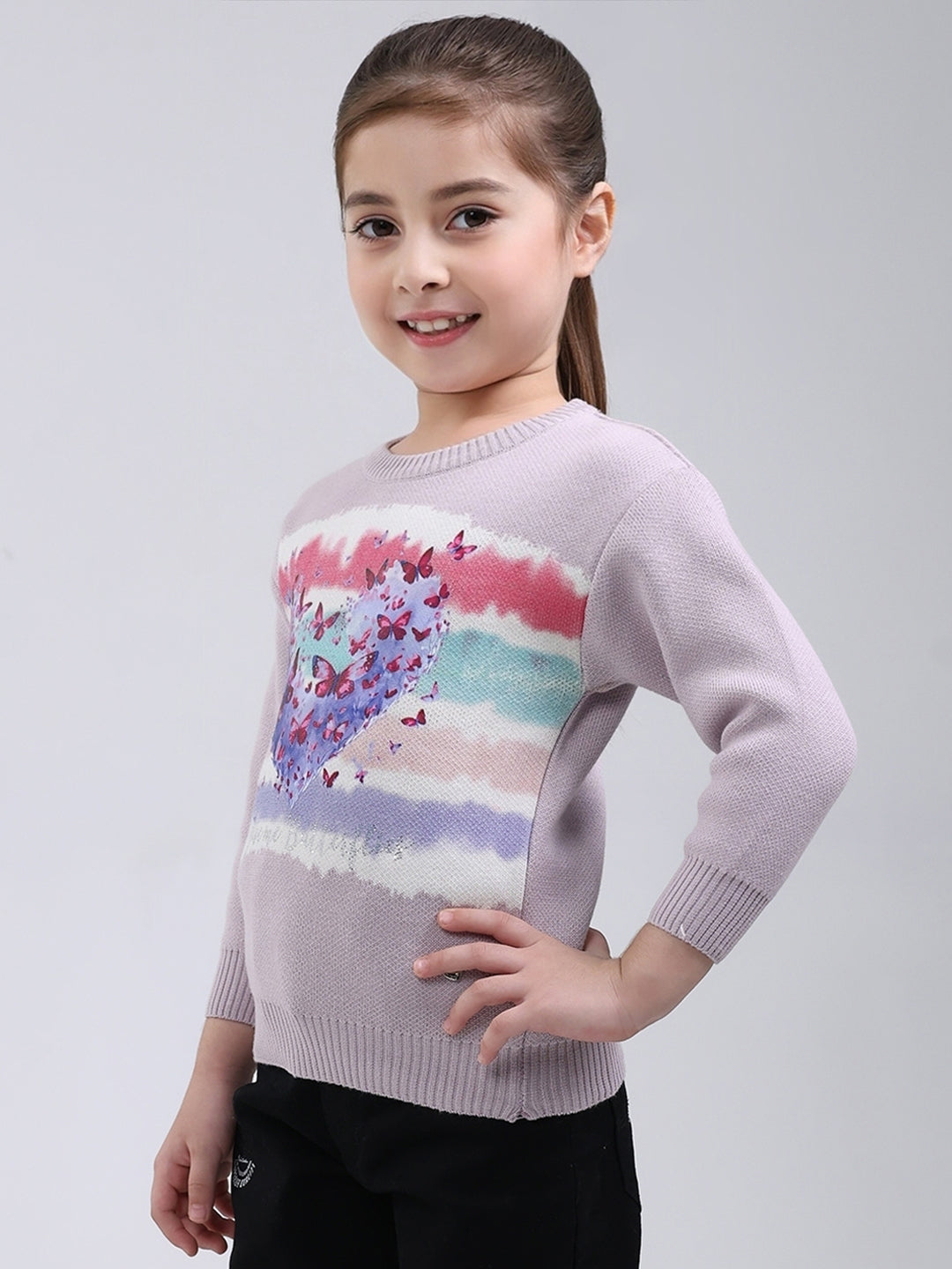 Girls Purple Printed Round Neck Full Sleeve Pullover