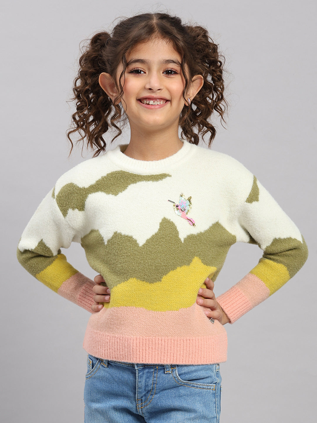 Girls Off White Embroidered Round Neck Full Sleeve Pullover