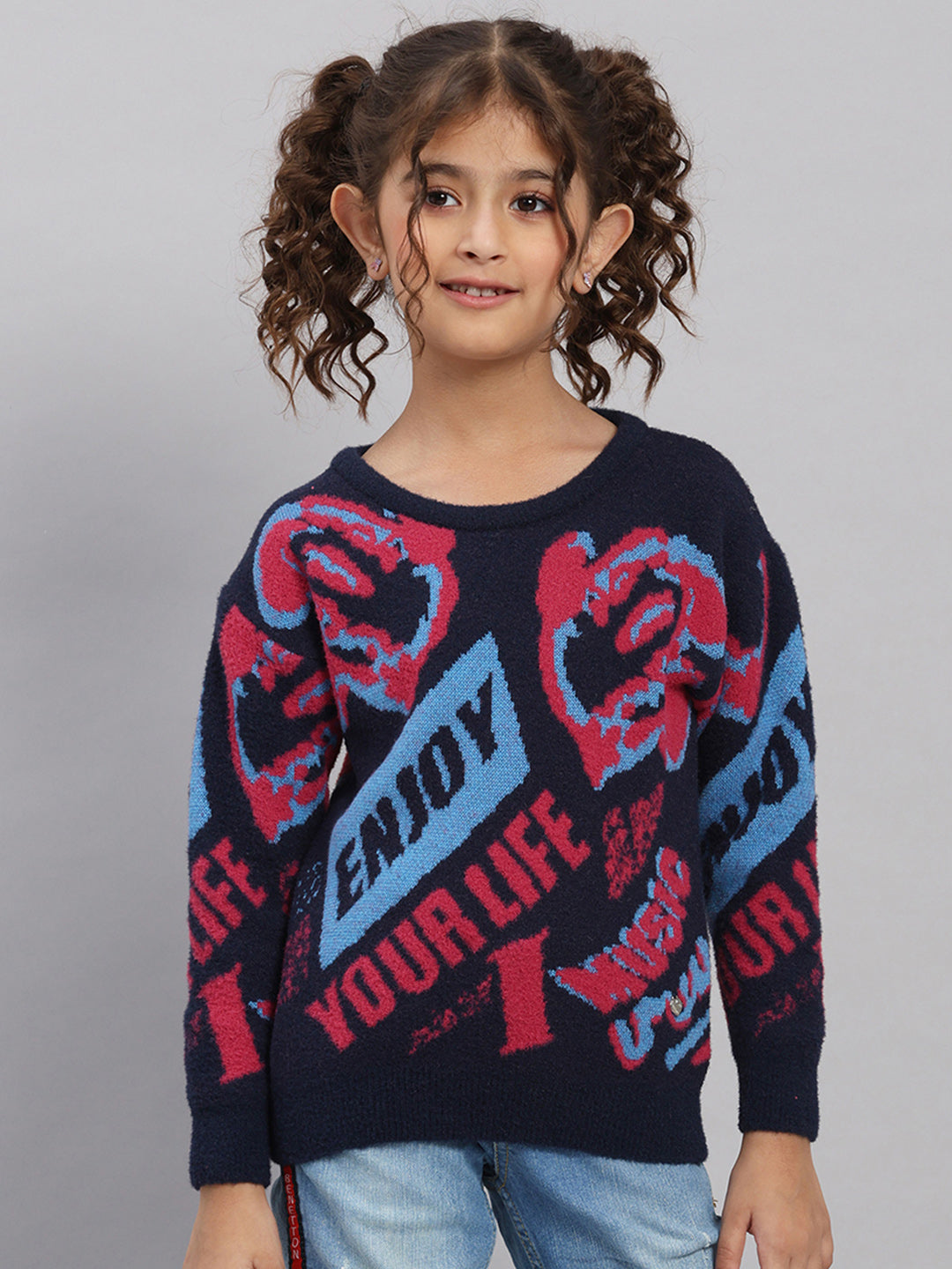 Girls Navy Blue Self Design Round Neck Full Sleeve Pullover