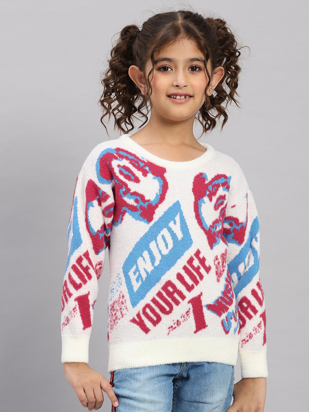 Girls Off White Self Design Round Neck Full Sleeve Pullover