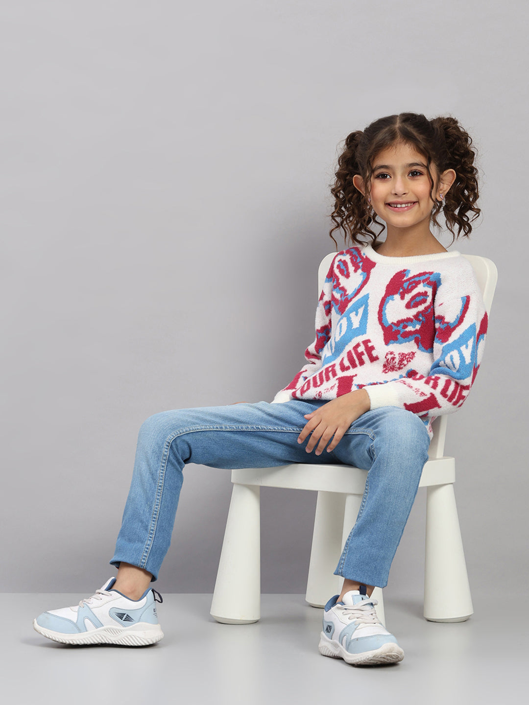 Girls Off White Self Design Round Neck Full Sleeve Pullover