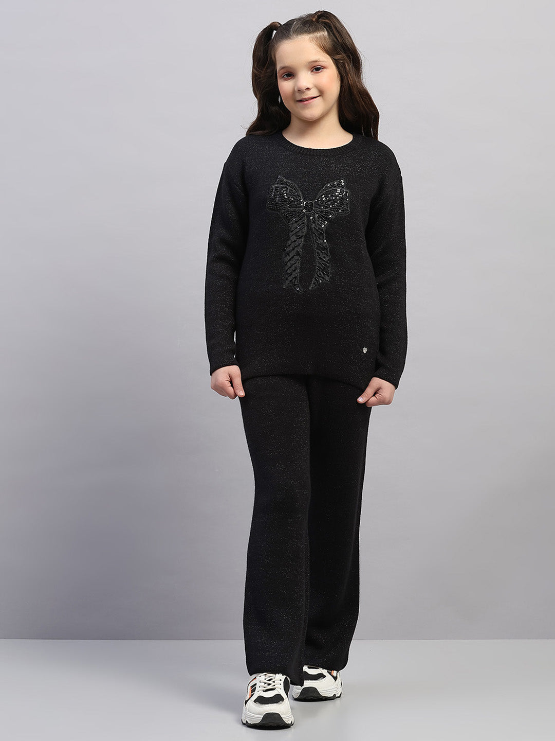 Girls Black Embroidered Round Neck Full Sleeve Cords Set