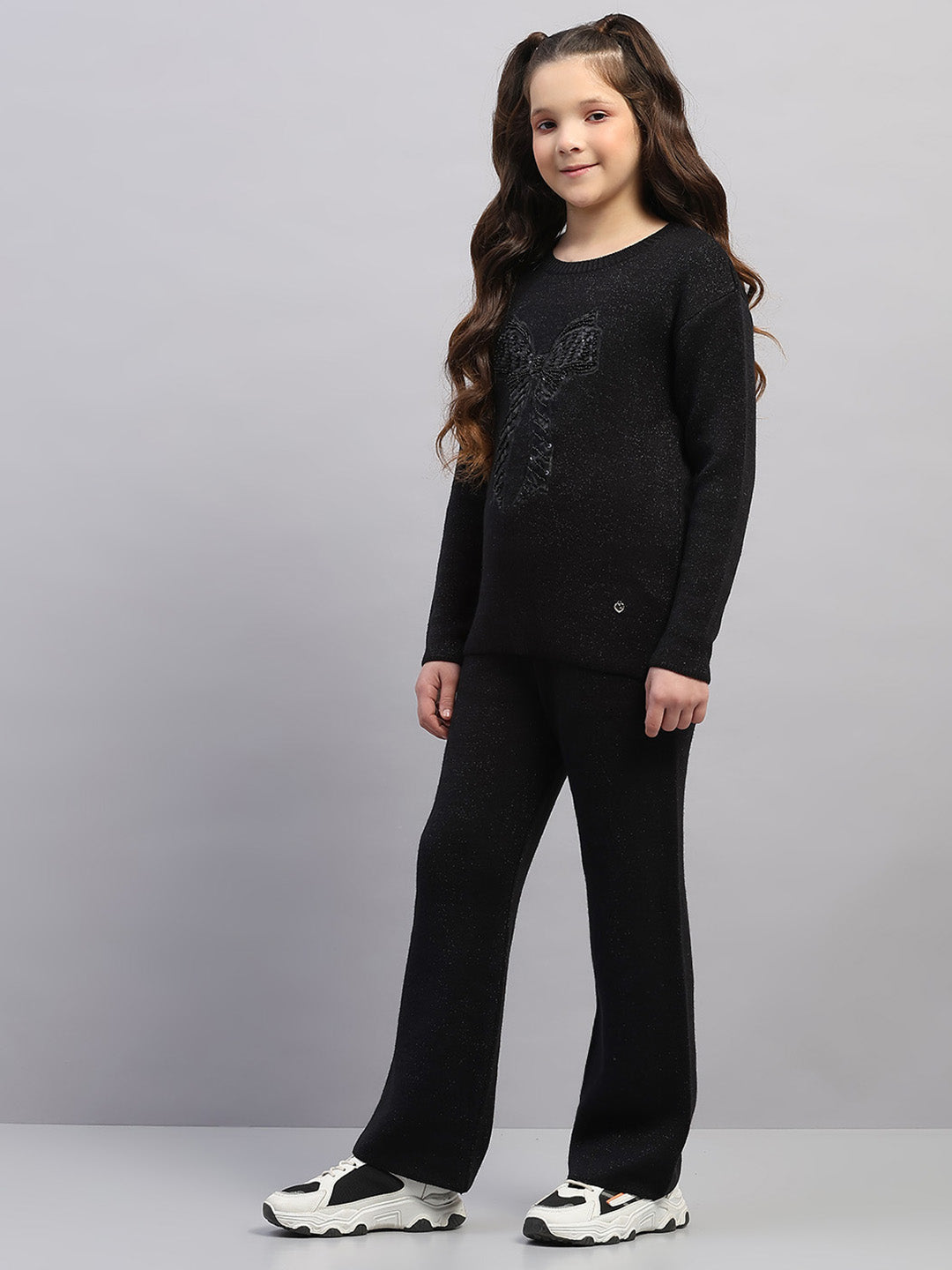Girls Black Embroidered Round Neck Full Sleeve Cords Set
