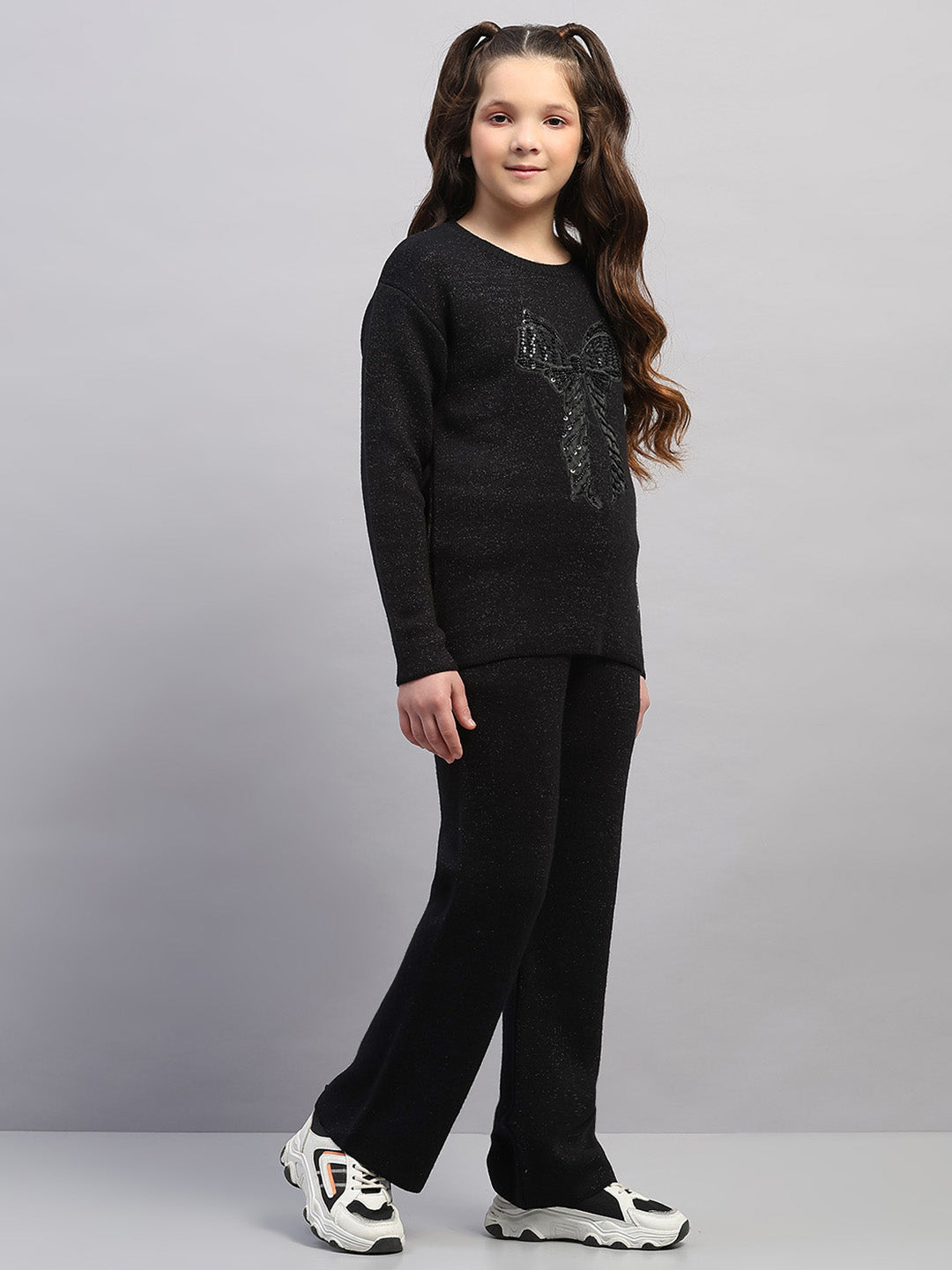 Girls Black Embroidered Round Neck Full Sleeve Cords Set