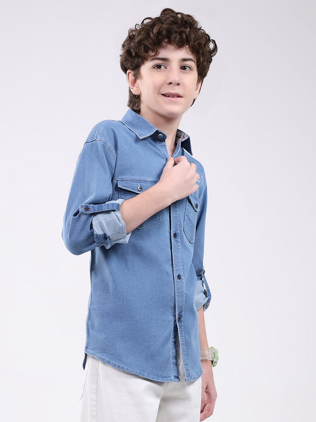 Boys Blue Solid Collar Full Sleeve Shirt