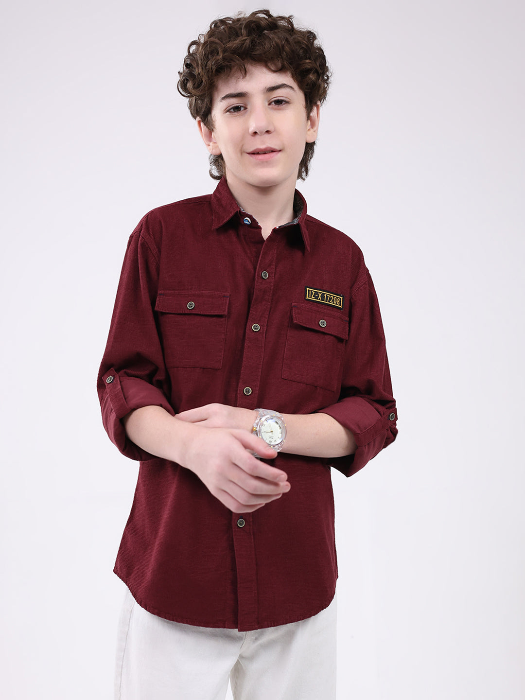 Boys Maroon Solid Collar Full Sleeve Shirt