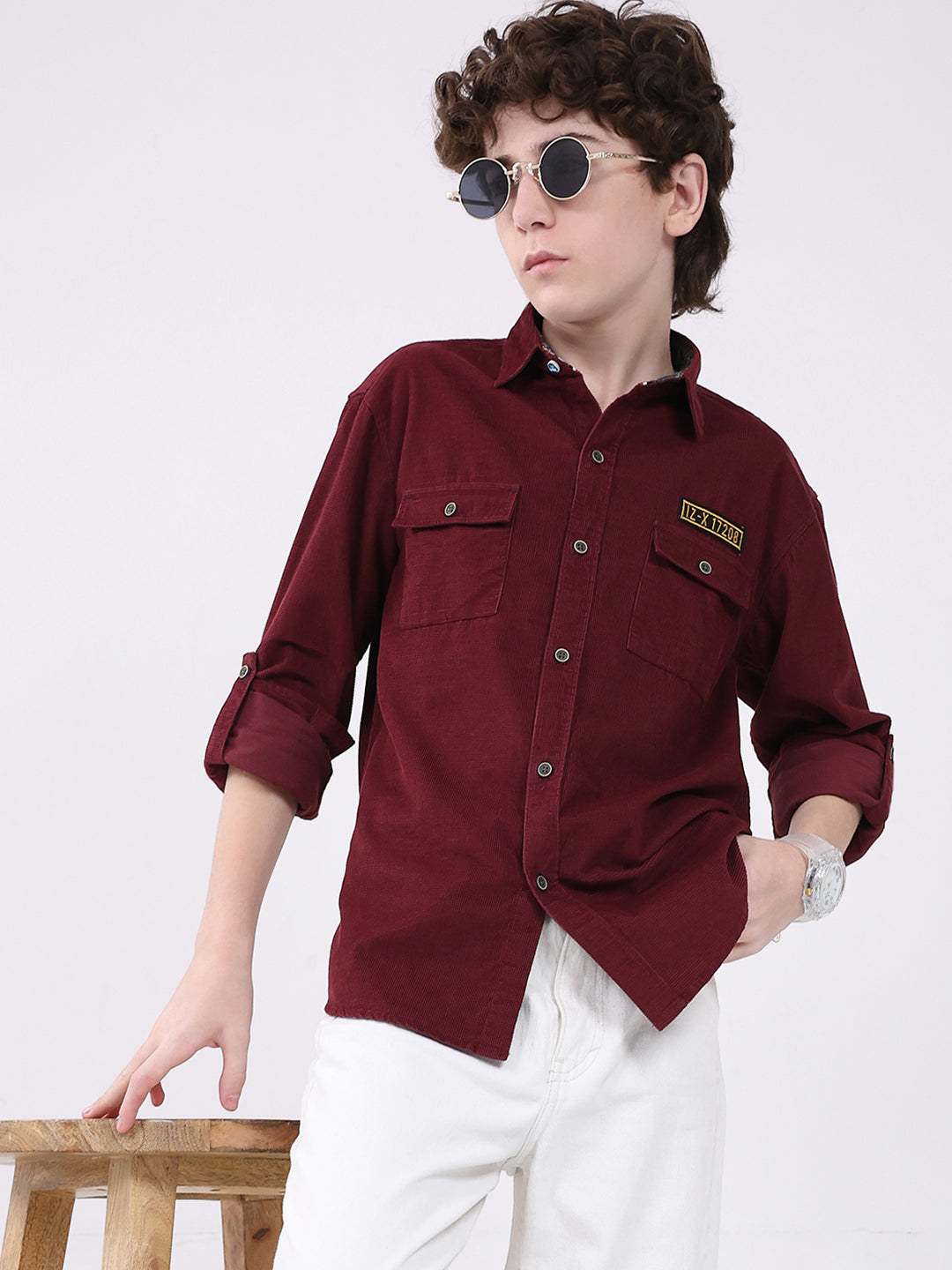 Boys Maroon Solid Collar Full Sleeve Shirt