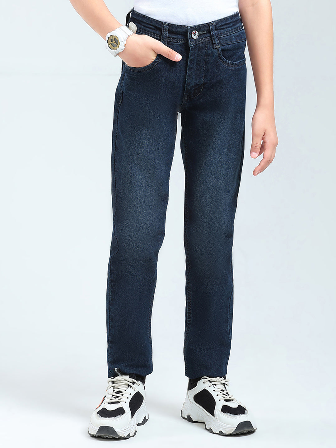 Boys Blue Solid Slim Fit Denim