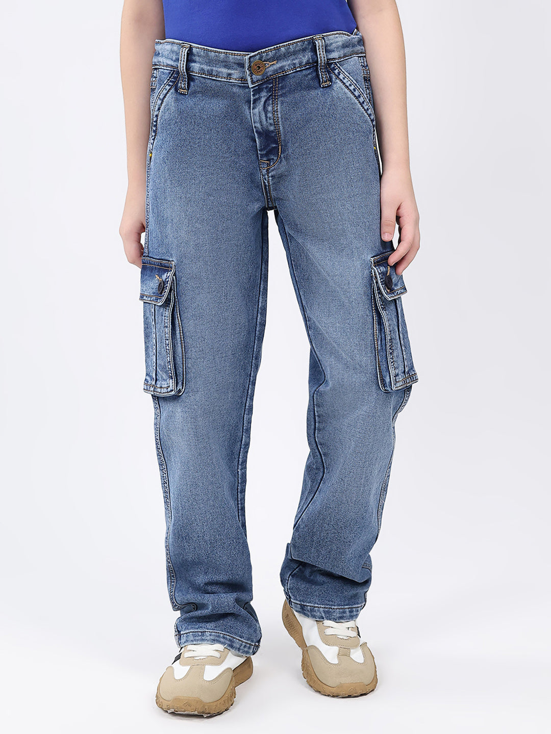 Boys Blue Solid Straight Fit Cargo