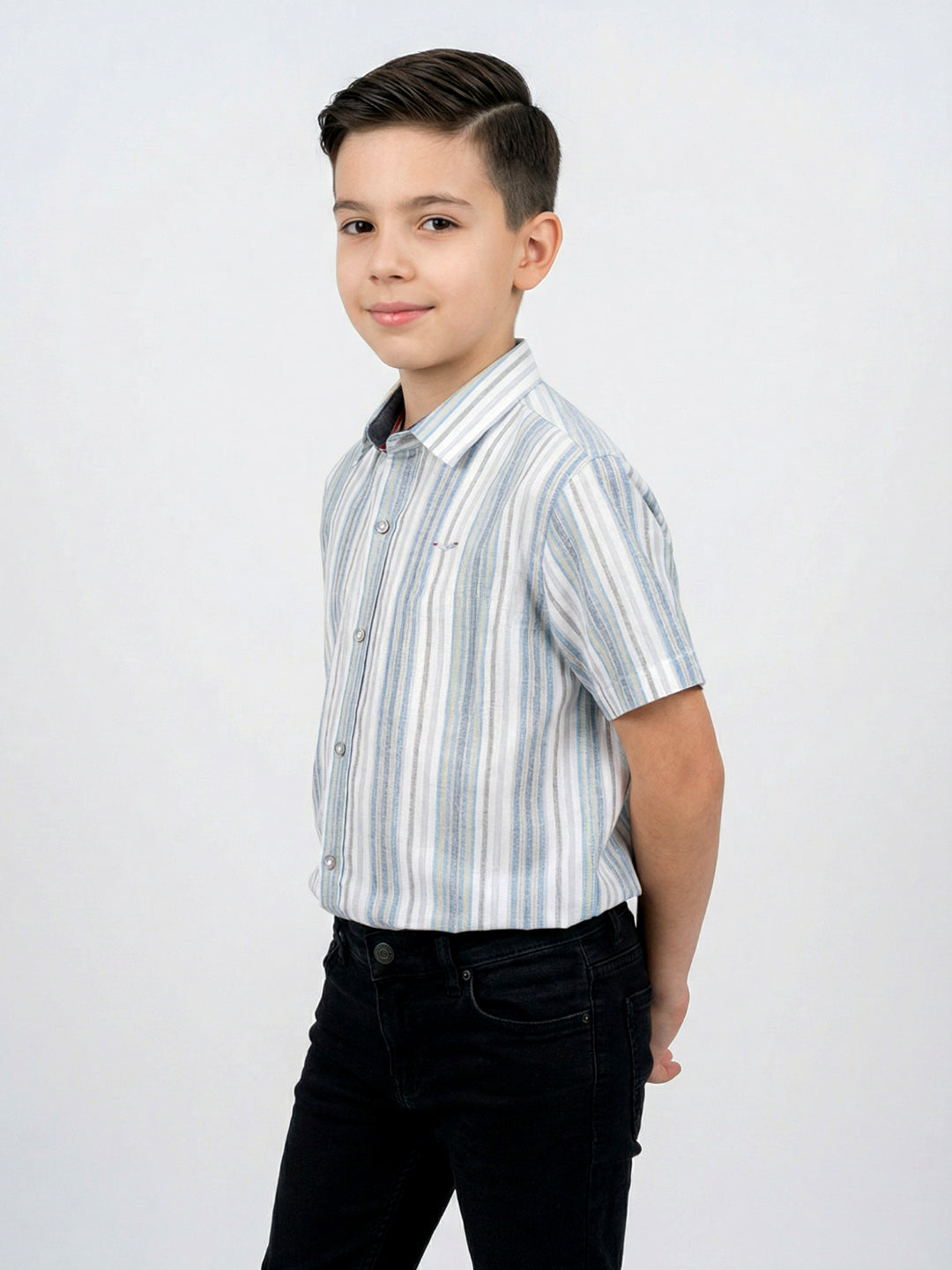 Boys White Stripe Collar Half Sleeve Shirt