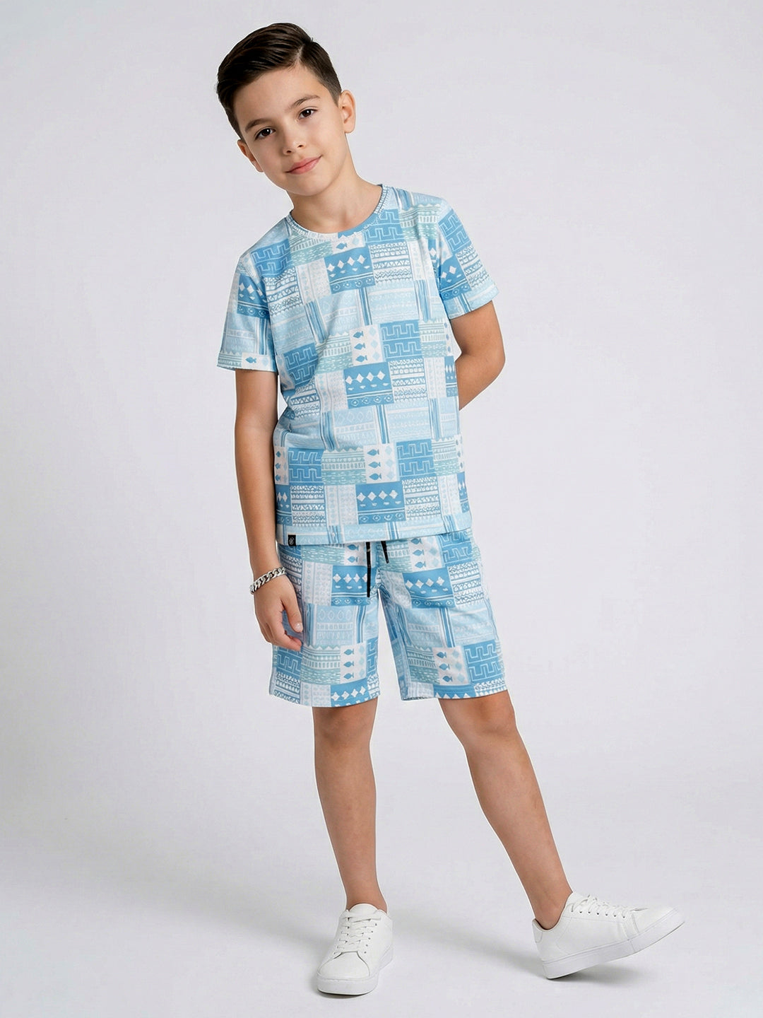 Boys Blue Printed Round Neck Half Sleeve Cords Set