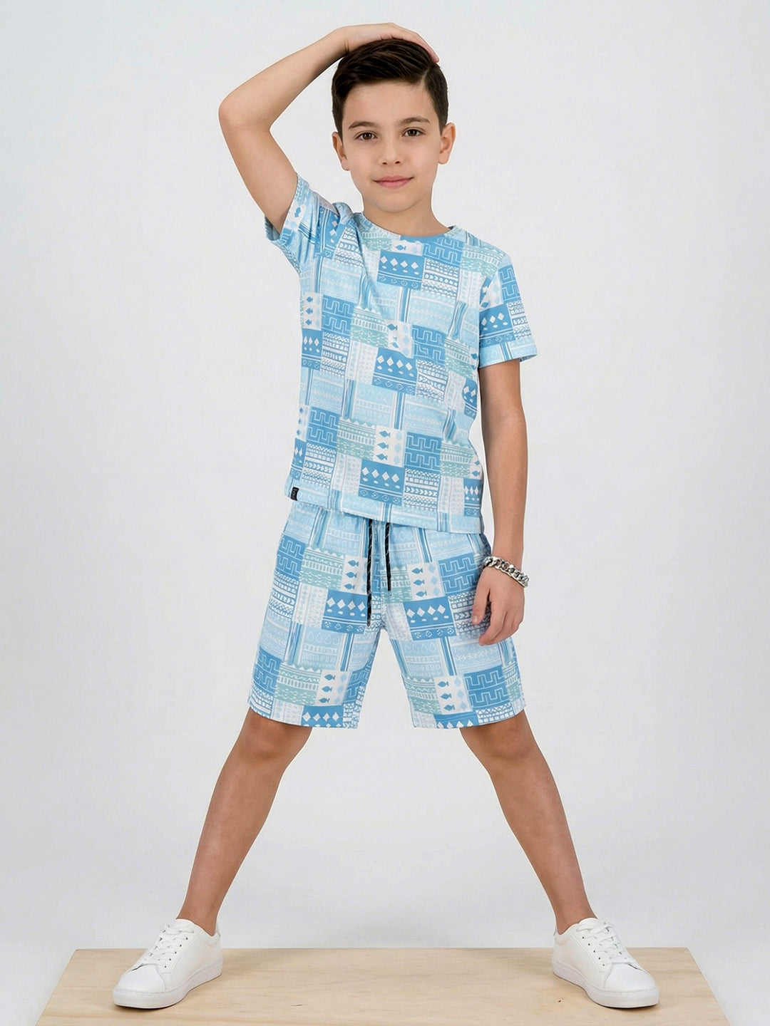 Boys Blue Printed Round Neck Half Sleeve Cords Set