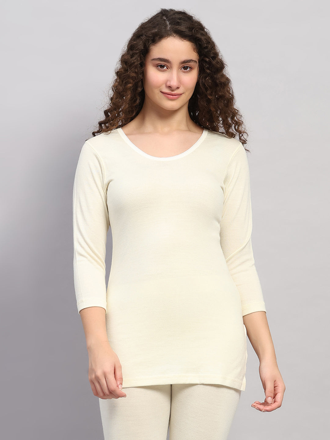 Women Cream Solid Round Neck 3/4th Sleeve Thermal Vest
