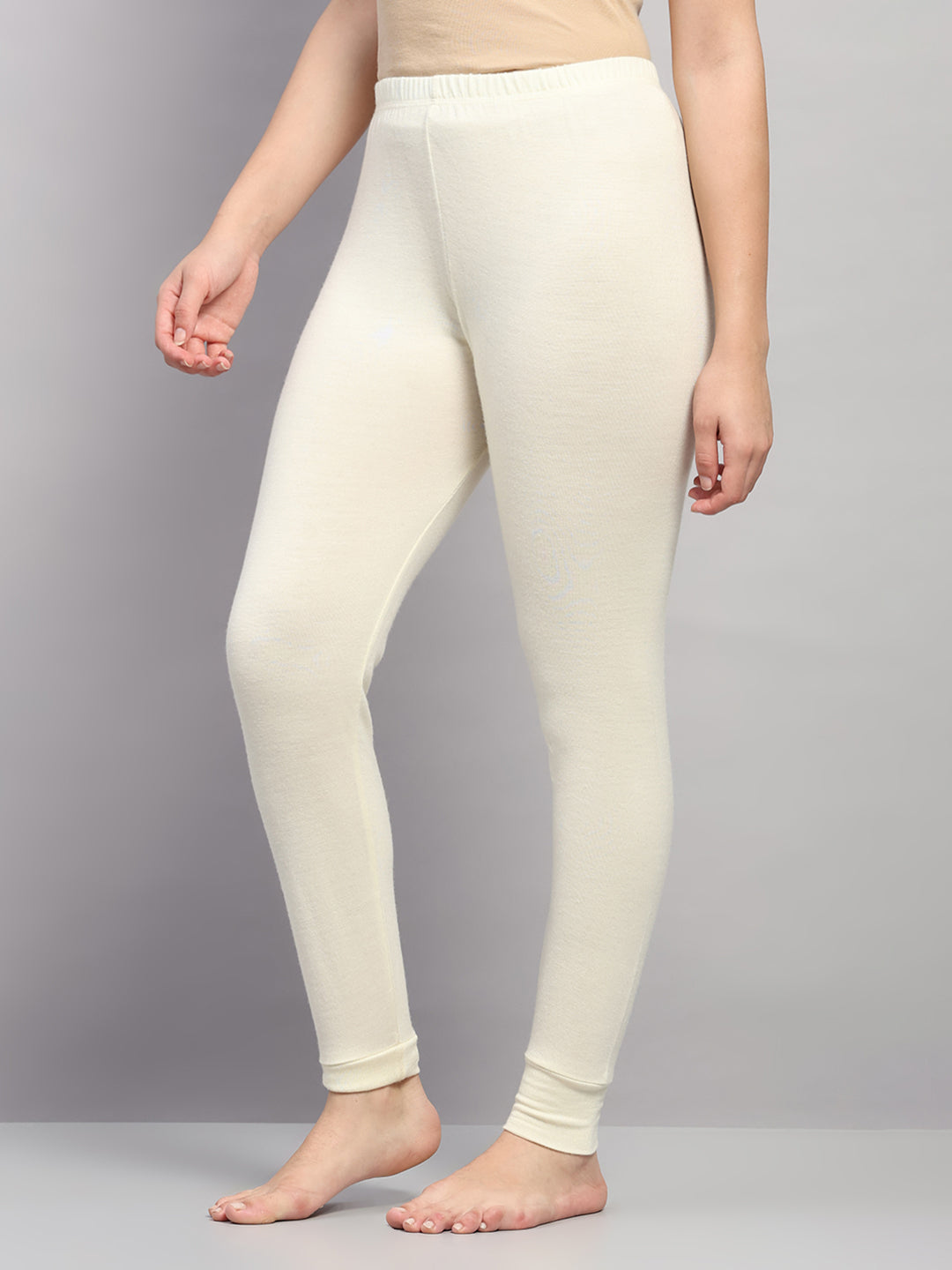 Women Cream Solid Regular Fit Thermal Lower